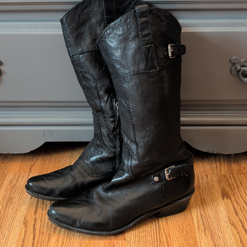 Franco Sarto Black Leather Zip Country Western Cowboy Boots Size 9 M